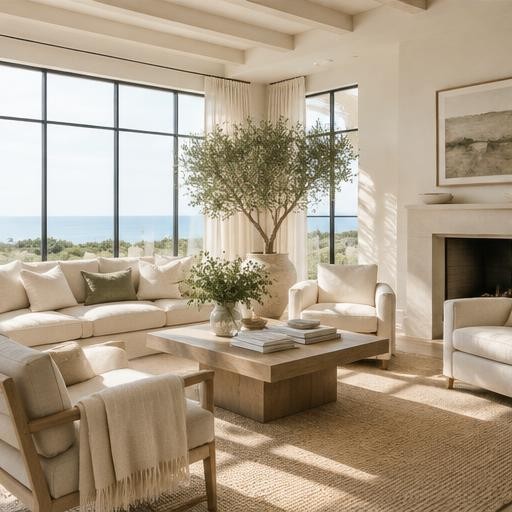 Airy living room overlooking the water