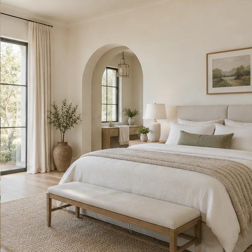 Neutral bedroom with arched doorway